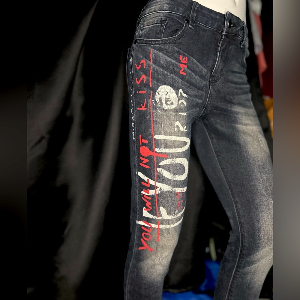 Revamped Black Jeans with Red and White Graphic